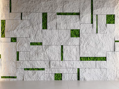 Modern Geometric Wall Design With White Stone Blocks And Green Moss Inserts 3d model