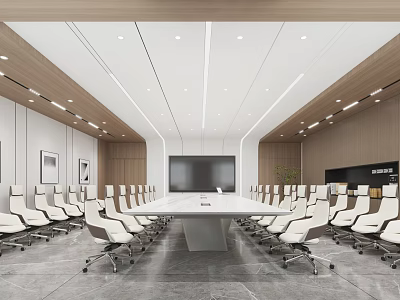Modern Conference Room Interior Design With Long Table White Chairs Large Screen And Wooden Paneling 3d model
