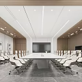 Modern Conference Room Interior Design With Long Table White Chairs Large Screen And Wooden Paneling