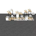 Welcome Home Outdoor Scene With Floral Arrangements And White Structures