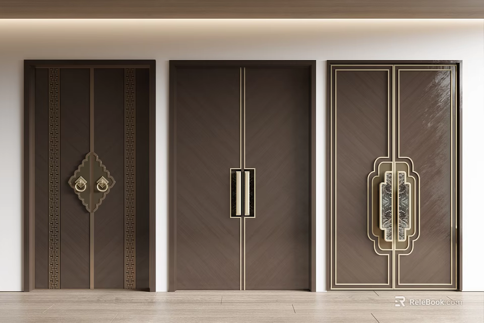 Elegant Dark Brown Double Doors With Golden Accents And Intricate Handle Designs 3d model 