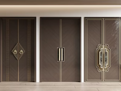 Elegant Dark Brown Double Doors With Golden Accents And Intricate Handle Designs 3d model