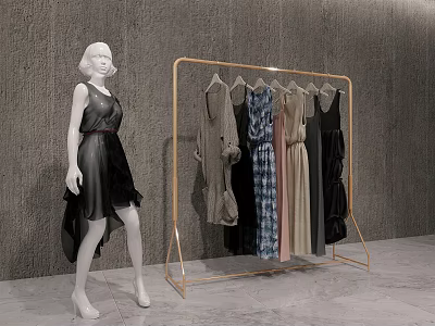 Gold Clothes Rack With Hanging Dresses And Dress Mannequin In Grey Room 3d model