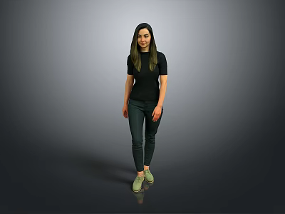 Woman in Black Top and Dark Pants with Green Shoes Standing Against Gray Background 3d model