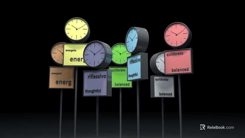 Guided Visual With Colorful Clocks And Mindful Balanced Energy Word Blocks 3d model