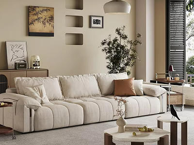Modern Living Room Interior With Beige Sofa Throw Pillows Coffee Table And Green Plant 3d model