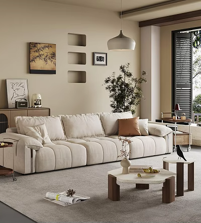 Modern Living Room Interior With Beige Sofa Throw Pillows Coffee Table And Green Plant 3d model