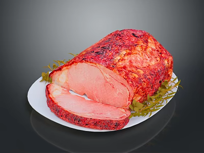 Tender Roasted Pig Meat Sliced On White Plate With Fresh Herbs 3d model