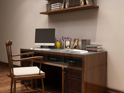 Wooden Study Desk with Computer Monitor Vase Photo Frame Books and Wall Mounted Shelf 3d model