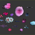 Colorful Fantasy 3D Rendered Plants with Mushroom Flower Jellyfish Shapes Reflective Effects Dark Background