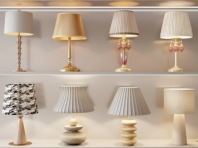 Modern Table Lamps Featuring Various Lampshade Styles And Decorative Bases On Display Shelves 3d model