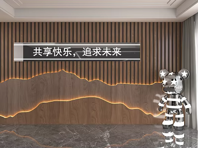 Wooden Background Wall With Lighting Strips Inspirational Slogan And Silver Robot Sculpture On Marble Floor 3d model