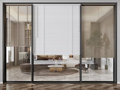 Modern Interior With Sliding Glass Doors And Window Blinds Featuring Sofa Coffee Table And Plants 3d model