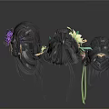 Black Wig Buns Adorned With White Pink Flowers And Green Ribbons For Daily Decor