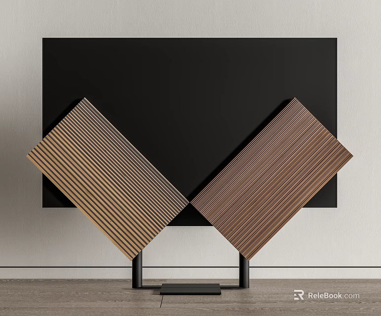 Black TV with Wooden Striped Panels Against White Wall Modern Home Interior Design 3d model 