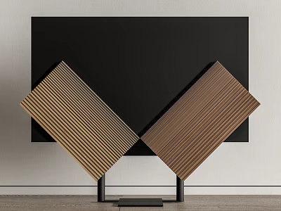 Black TV with Wooden Striped Panels Against White Wall Modern Home Interior Design 3d model