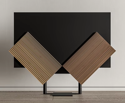 Black TV with Wooden Striped Panels Against White Wall Modern Home Interior Design 3d model