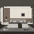 Modern Bedroom Interior With Bed Wall Art Nightstand Lamp Potted Plant And Rug