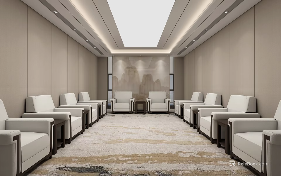 Elegant Hotel Public Lounge Area With Comfortable Seating Decorative Wall And Area Carpet 3d model 