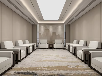 Elegant Hotel Public Lounge Area With Comfortable Seating Decorative Wall And Area Carpet 3d model