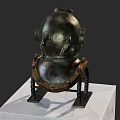 Vintage Brass Firefighting Equipment Helmet With Metal Frame Display On Marble Stand