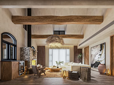 Warm Hotel Guest Room Interior Featuring Wooden Beams Stone Fireplace White Sofa And Rattan Chandelier 3d model