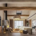 Warm Hotel Guest Room Interior Featuring Wooden Beams Stone Fireplace White Sofa And Rattan Chandelier