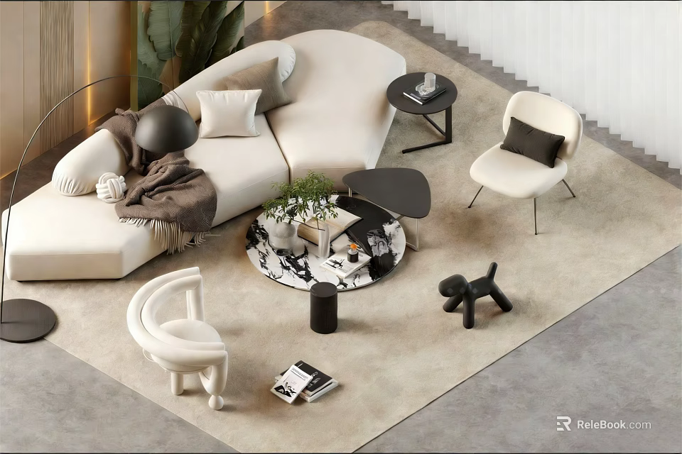 Modern White Sofa Set with Side Tables Chairs Green Plants and Decorative Items 3d model 