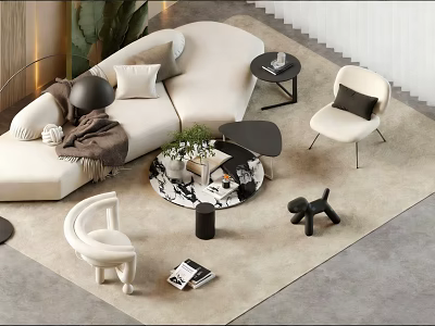 Modern White Sofa Set with Side Tables Chairs Green Plants and Decorative Items 3d model