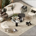Modern White Sofa Set with Side Tables Chairs Green Plants and Decorative Items