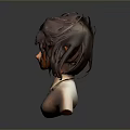 3D Model of a Woman with Short Wavy Hair in Collared Shirt Against Dark Background