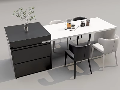 Modern Dining Table Set With White Table Black Cabinet And Black White Chairs 3d model