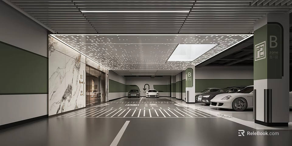 Modern Indoor Parking Garage With Ceiling Lighting Marble Walls And Striped Floor 3d model 