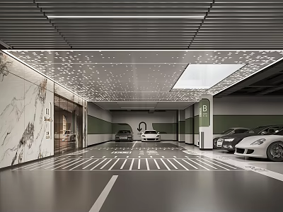 Modern Indoor Parking Garage With Ceiling Lighting Marble Walls And Striped Floor 3d model