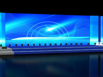 Modern Stage Design Featuring Blue Background Large Screen Wave Patterns Circular Designs And Reflective Floor 3d model