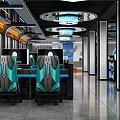 Modern Internet Cafe Interior With Reception Desk Vending Machines And Tech Lighting 3d model
