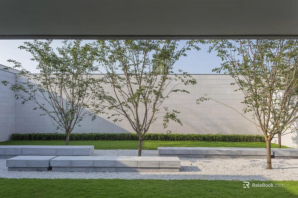 Deciduous Trees in Front of Gray Wall with Stone Benches Grass Lawn and Gravel 3d model 
