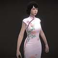 A Woman In Elegant Pink Cheongsam With Floral Patterns And White Shoes Against Black Background