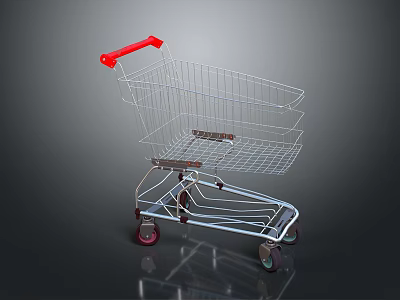 Metal Shopping Cart with Red Handle and Wire Basket on Wheels 3d model