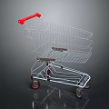 Metal Shopping Cart with Red Handle and Wire Basket on Wheels