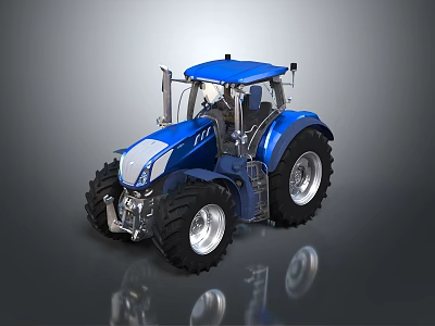 Blue Farm Tractor With Large Black Wheels Silver Rims And Transparent Cabin 3d model