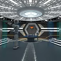 Futuristic Sci-Fi Door With Hexagonal Frame Orange Glowing Symbol And Gray White Geometric Details
