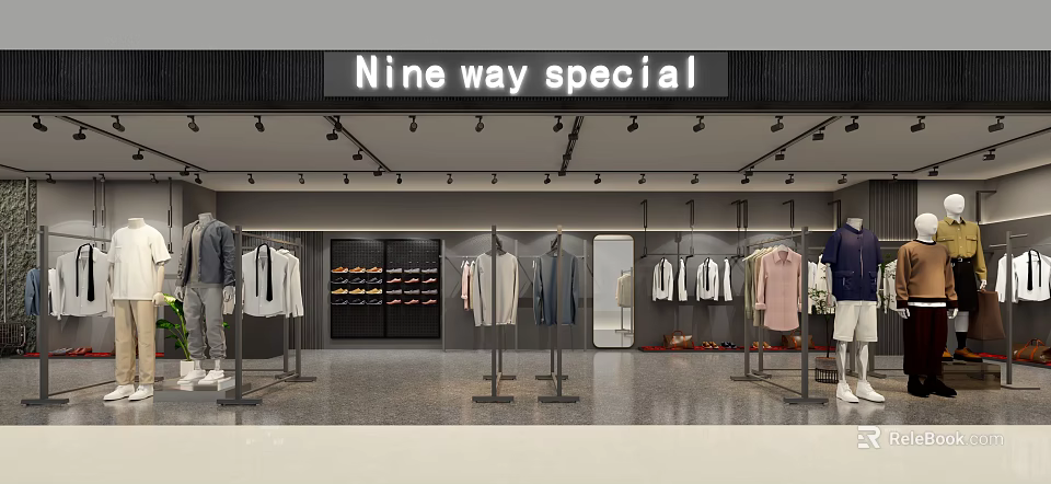 Nine Way Special Clothing Store With Trendy Clothes On Racks Shoes Display And Bright Lighting 3d model 