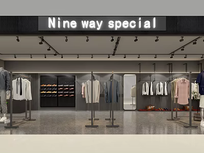 Nine Way Special Clothing Store With Trendy Clothes On Racks Shoes Display And Bright Lighting 3d model