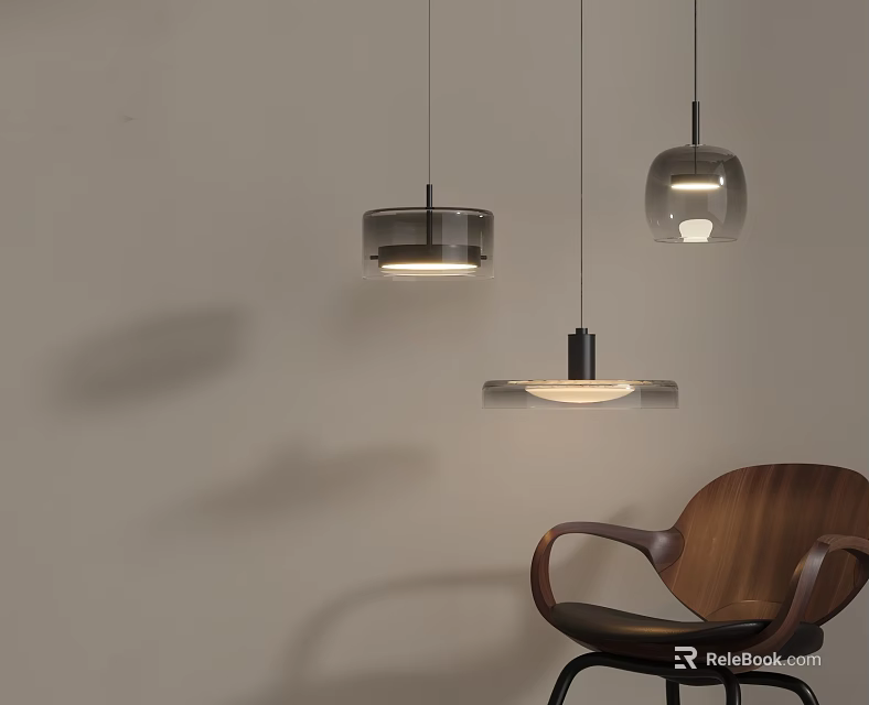 Modern Pendant Lights With Transparent Glass Shades And Black Metal Frames Near Wooden Chair 3d model 