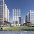 Modern Office Building Exterior With Glass Curtain Walls And Landscaped Plaza Pedestrians