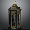 Decorative Octagonal Lantern With Golden Dome And Intricate Black Carvings