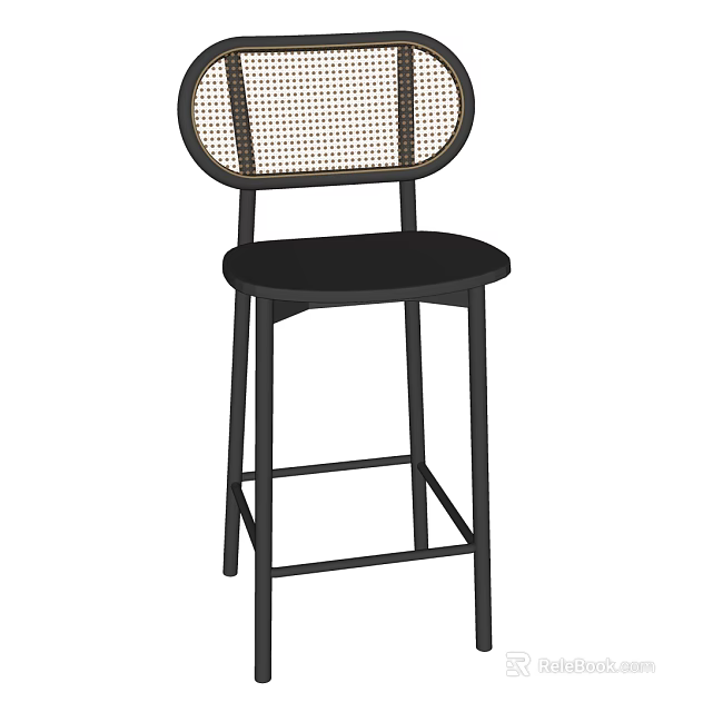 Modern Bar Stool With Wicker Backrest And Black Seat Metal Frame Design 3d model 