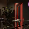 Modern Interior Featuring Red Neon Geometric Lines And Indoor Plant Decor Elements 3d model