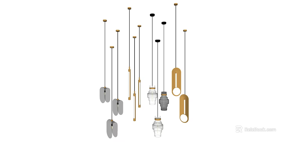 Contemporary Pendant Chandeliers With Various Shapes Gold Silver Finishes And Glass Shades 3d model 